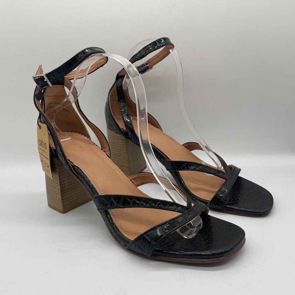 Crevo‎ Kaitlin Black Croc Leather Block Heel Sandals Open Toe Sz 9.5 Memory Foam
